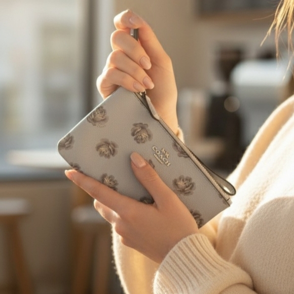 Coach Rose Print Corner Zip Wristlet - Picture 1 of 16